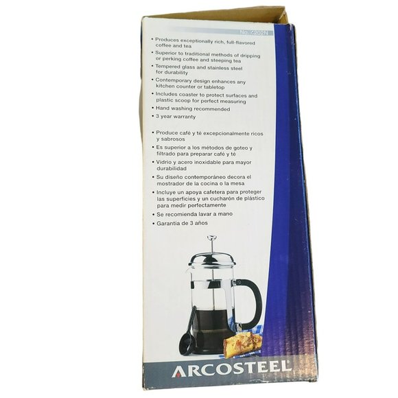 Arcosteel Coffee French Press Glass and Silver 8 Cup with Coaster DH638 - Picture 9 of 9